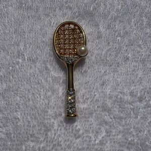 Vintage Tennis Racket Brooch with Faux Pearl and Rhinestones